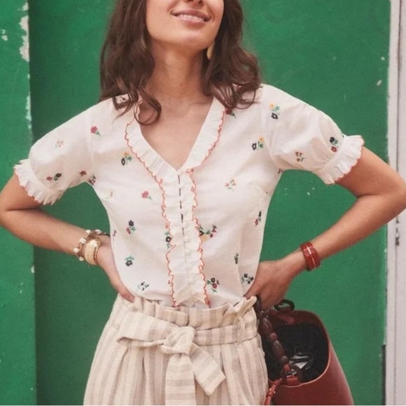 Sézane 38 US 6 Andrea Floral Embroidered Ruffle Blouse White Sheer - Picture 12 of 12